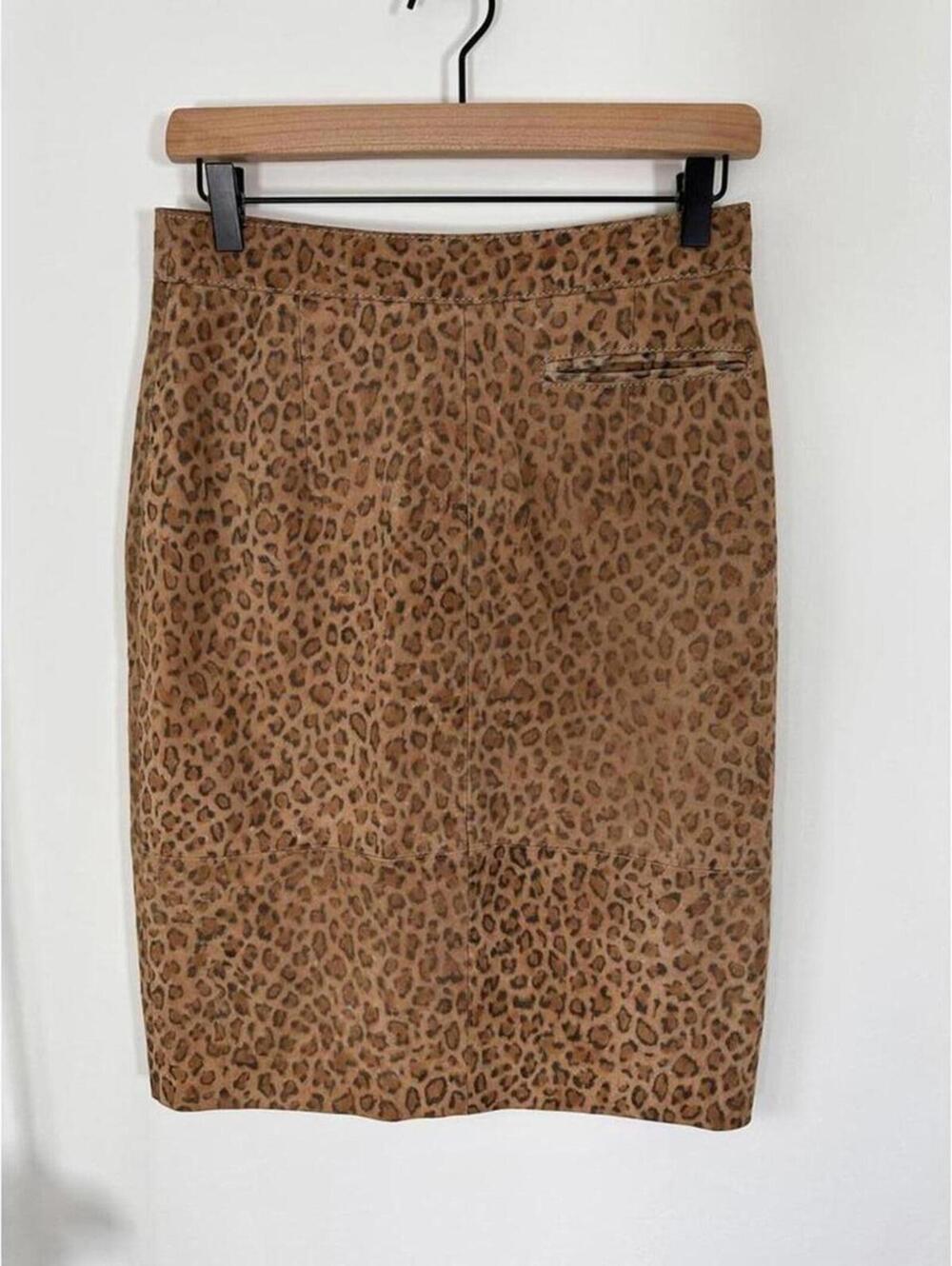 Whistles Leopard Print Suede Pencil Skirt US 6 Tan Brown Lined